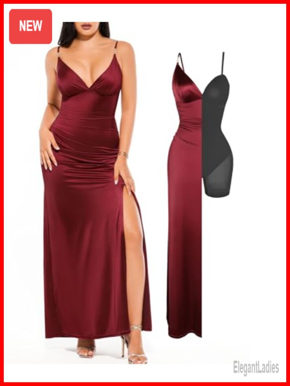 Satin Maxi Dress with Rhinestone Straps Ruched Waist Built-In Shapewear